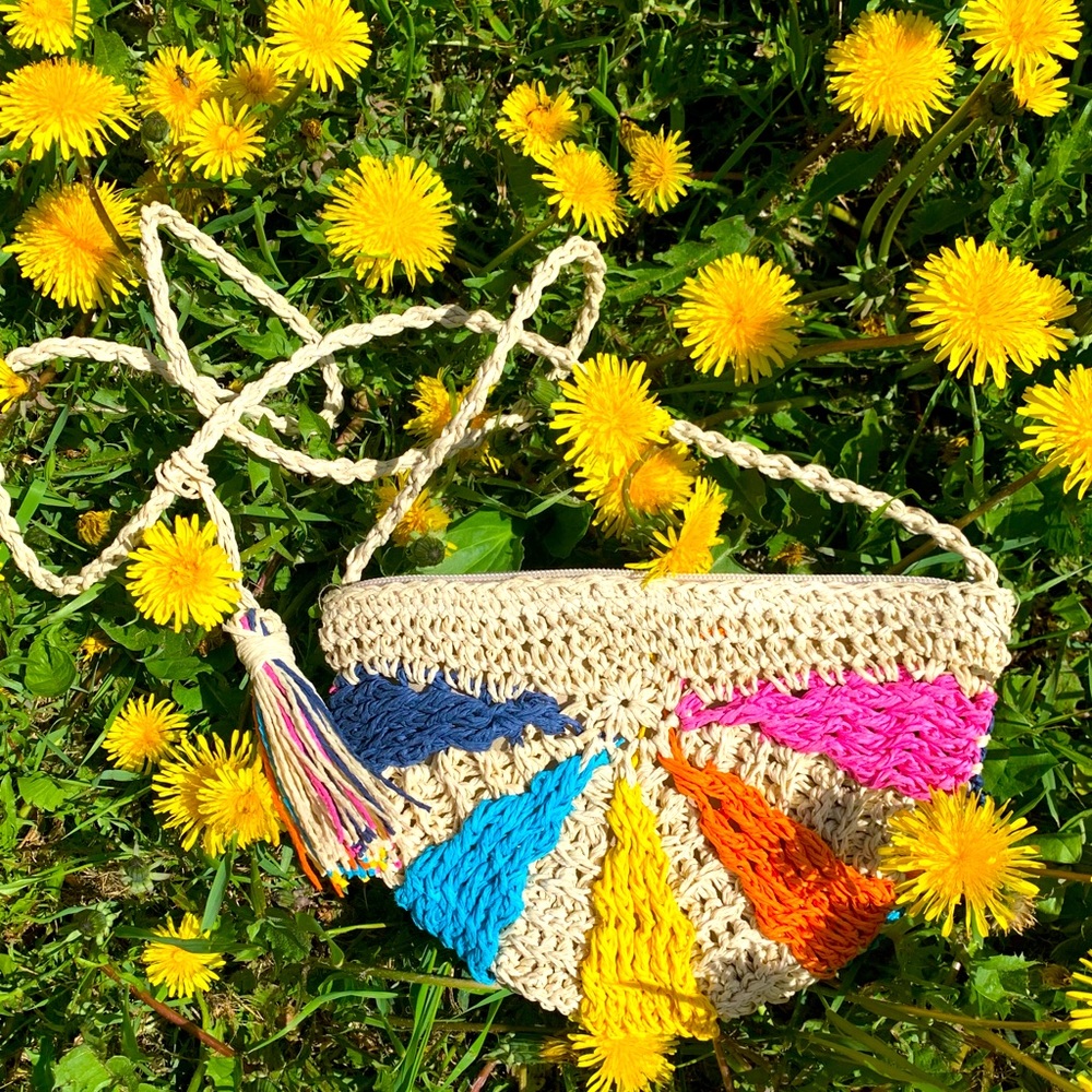 OFFERS WELCOME 
Straw woven and rainbow crossbody bag